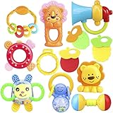 ZesGood 12 Piece Baby Rattle Newborn Toys Fun Cartoon Musical Flash Teether Handle Rattle Play Toy Gift Set (9pcs Toys + 3pcs Teether)