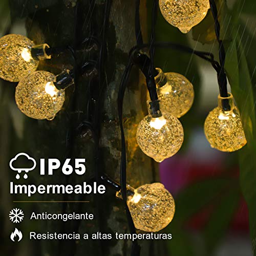 bedee Luces de Cuerda Solar 50 LED 7 Metros Luces solares de Patio con 8 Modos, Luces de Cuerda de Bola de Cristal Impermeable IP65 para Patio, Fiesta, Boda, decoración de Navidad (Blanco cálido)