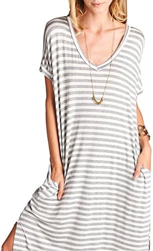 FANEW Women's Striped Floral Print Side Split V Neck Short Sleeve Loose Long Maxi Dress with Pockets