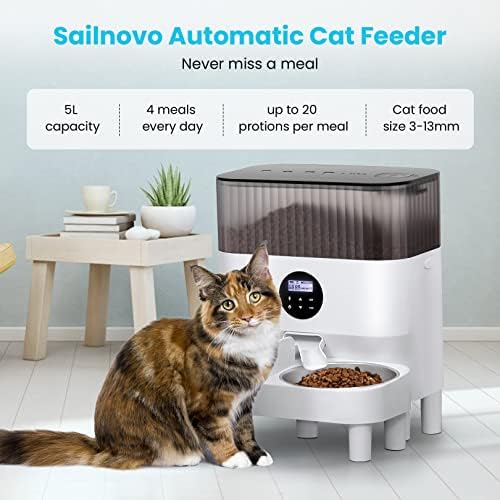Comedero Automático para Dos Gatos, Dispensador con Dos Cuencos de Acero Inoxidable, Recordatorio de Voz 10s, hasta 80 Porciones y 4 Comidas al Día para Perros y Gatos, Blanco-5L