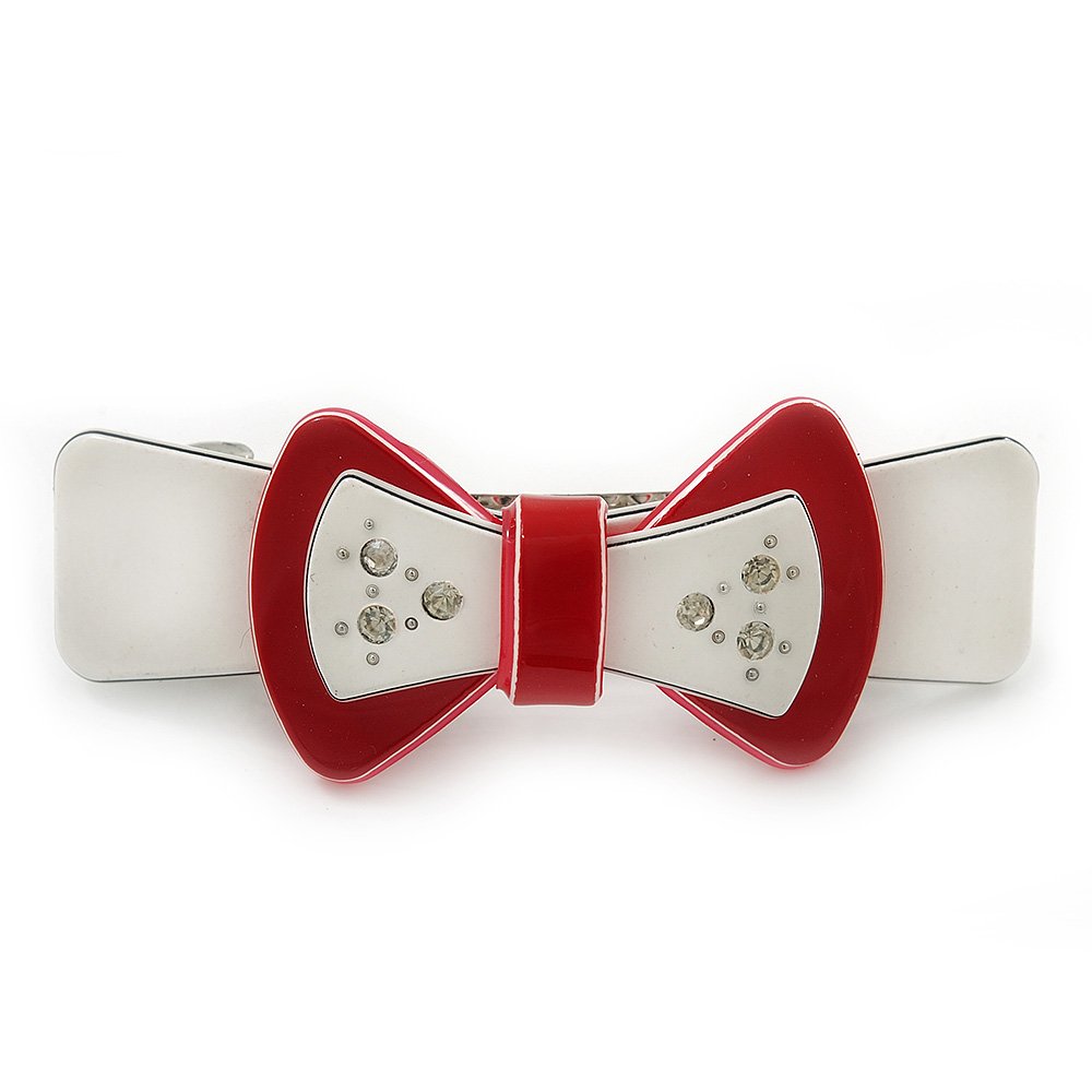 White/Red Acrylic Crystal Bow Barrette Hair Clip Grip - 80mm Across
