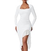DAAWENXI Women's Sexy Ruched Bodycon Midi Dresses Square Neck Long Sleeve Ruffle Hem Cocktail Party Dress