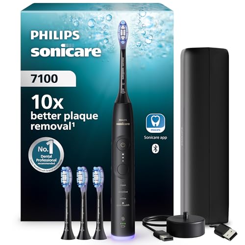 Philips Sonicare 7100 - Brosse à dents électrique sonique avec application, 4 modes de brossage, 3 niveaux d'intensité, Alerte de pression, EasyStart, SmarTimer, Noir, HX7421/08 [Nouvelle technologie]