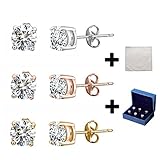 Silver Stud Earrings Black CZ Men Women 6mm Round Shape 3 Pairs With Gift Box (Rose Silver Gold)