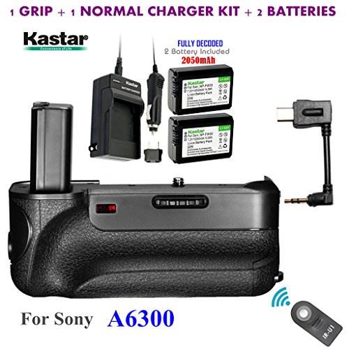 Kastar Infrared Remote Control Pro Vertical Battery Grip (Built-In 2.4G Wireless Contro) + 2 x NP-FW50 Replacement Batteries + Charger Kit for Sony ILCE-A6300 / A6300 Digital SLR Camera