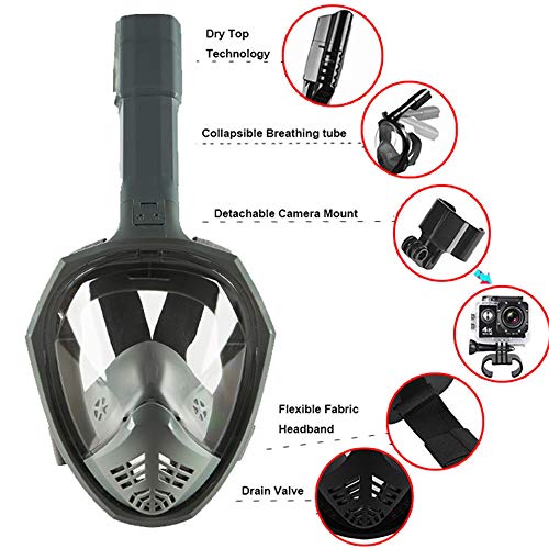 Miya Adults Swim Mask (3rd Gen), Folding Dive Mask Underwater Snorkel Set Seaview 180 Degree Wide Breath Masks Safe Waterproof Scuba Anti Fog Full Face Mask Dive Training Suitable for Adults -Gray
