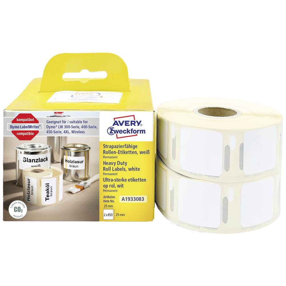AVERY Zweckform A1933083 Weatherproof Film Labels (1,700 Waterproof Stickers, 25 x 25 mm, Dymo LabelWriter Compatible, Heavy Duty, Writeable, Permanent, Self-Adhesive) 2 Rolls, Wh