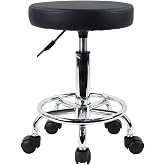 KKTONER PU Leather Round Rolling Stool with Foot Rest Swivel Height Adjustment Spa Drafting Salon Tattoo Work Office Massage Stools Task Chair Small (Black)