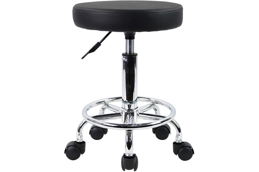KKTONER PU Leather Round Rolling Stool with Foot Rest Swivel Height Adjustment Spa Drafting Salon Tattoo Work Office Massage Stools Task Chair Small (Black)