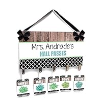 Teacher Personalized Hall Passes & Sign, Blue and Green Succulents with Black Moroccan Tiles and Wood