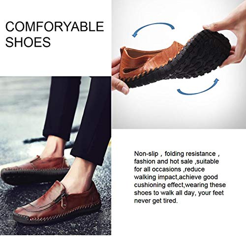 Qiucdzi Mens Leather Comfortable Shoes Hand Stitching Zipper Non-Slip Casual Shoes Loafer Boat Sneaker Dark Brown - Thumbnail 2