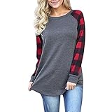 Ankola Tops, Women O-Neck Plaid Long Sleeve Shirts Patchwork Sweater Sweatshirt Pullover (L, Gray)