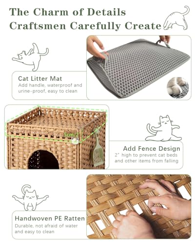 NIUB Cat Litter Box Enclosure Furniture, Hidden Litter Box with Mat and Fence, Handwoven Rattan Cat House with Two S-Shaped Hooks for Living Room, Bedroom, 18.5 x 20.5 x 19.1 Inches