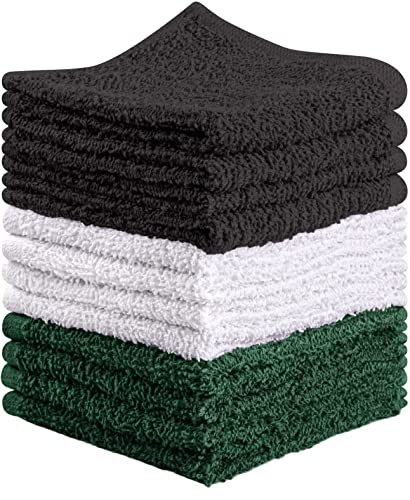Towel and Linen Mart 100% Cotton - Wash Cloth Set - Flannel Face Cloths, Highly Absorbent and Soft Feel Fingertip Towels (Hunter Green, White & Grey, Pack of 12)