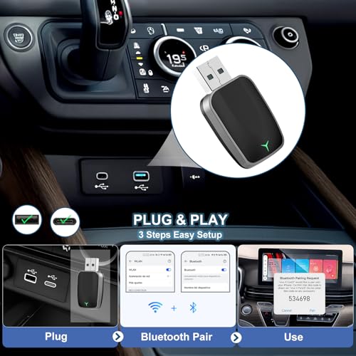 Wireless CarPlay Adapter for iPhone – Plug & Play CarPlay Dongle – Converts Wired CarPlay to Wireless – Fast Auto-Connect, Low Latency, USB-A & USB-C Compatible – English Manual Included