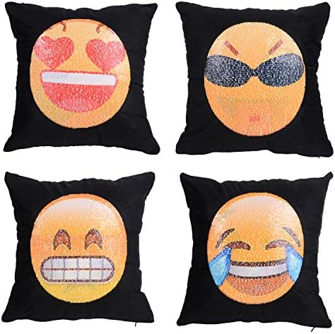 Wonder4 Reversible Sequin Emoji Pillow Cases Creative Changeable Emoji Face Pillow Cases Emoji Sequined Cushion Covers Throw Pillow Cover Decorative Pillow Case 16" x 16" Set of 4