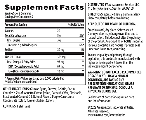 AMAZON BASICS FISH OIL 303 MG, LEMON, ORANGE & STRAWBERRY-BANANA FLAVORS, 90 GUMMIES (2 PER SERVING), EPA AND DHA OMEGA-3 FATTY ACIDS (PREVIOUSLY SOLIMO)