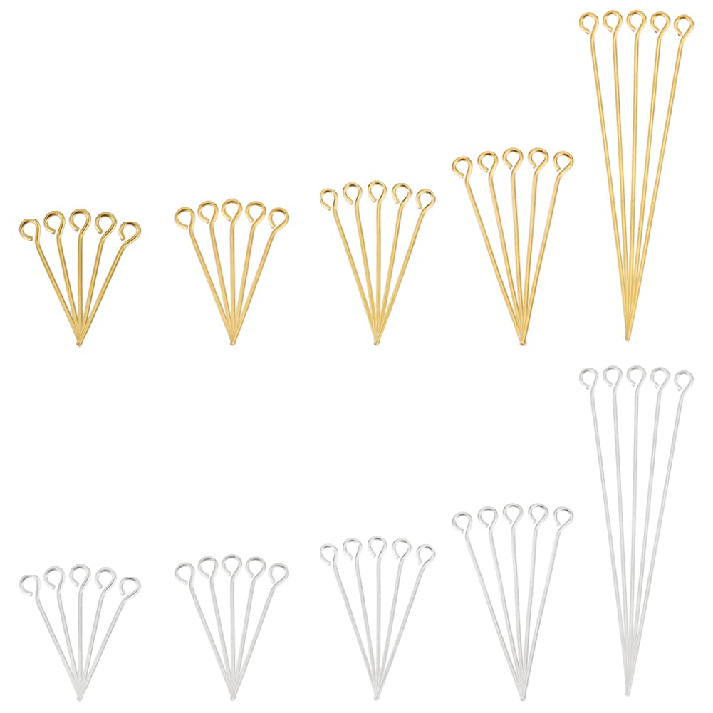 PH PandaHall 600pcs Brass Eye Pins, 6 Sizes Head Pins Findings Beading Pins 21 Gauge Open Eye Pin for Earring Pendant Beading Jewellery DIY Craft Making, Golden & Silver, Length 1.6/2/2.2/2.6/3/5cm