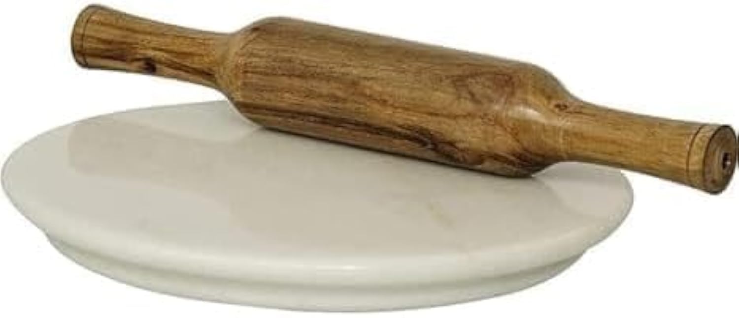 IBLAY Natural Stone Marble Round Cutting, Serving and Cheese Tray Board Marble Chakla and Wooden Belan for Home & Kitchen (9 Inches)