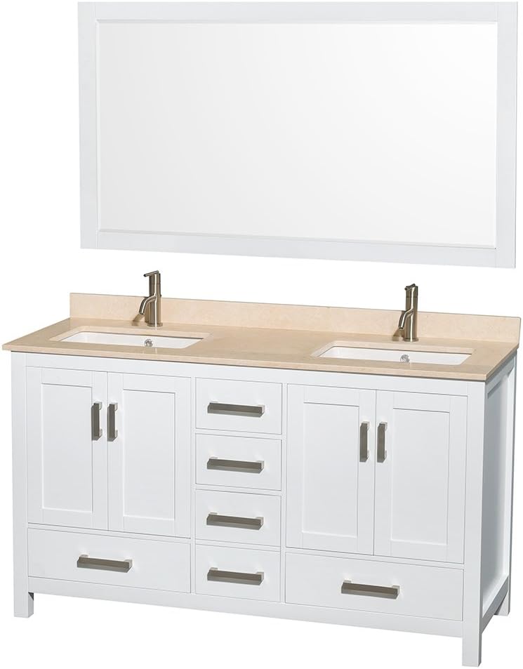 Wyndham Collection Sheffield 60 inch Double Bathroom Vanity in White, Ivory Marble Countertop, Undermount Square Sinks, and 58 inch Mirror