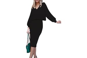 HUUSA Women 2 Piece Sweater Midi Pencil Skirt Set Fall Winter Split Dress Batwing Long Sleeve Oversized Top Casual Outfit