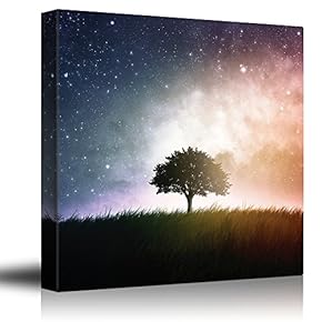 Lone Tree on a Green Field with a Blue and Red Galaxy Behind It - Canvas Art Home Art - 12x12 inches