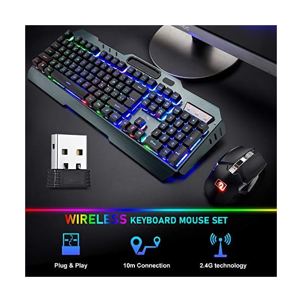 Wireless-Gaming-Keyboard-and-Mouse-Set-24G-Rechargeable-3800mAh-Large-Capacity-Rainbow-LED-Backlit-Mechanical-Feel-Gaming-Keyboard-with-Smart-Sleep2400DPI-7-Colors-Breathing-Backlit-Mouse-Black Wireless Gaming Keyboard and Mouse Set, 2.4G Rechargeable 3800mAh Large Capacity, Rainbow LED Backlit Mechanical Feel…