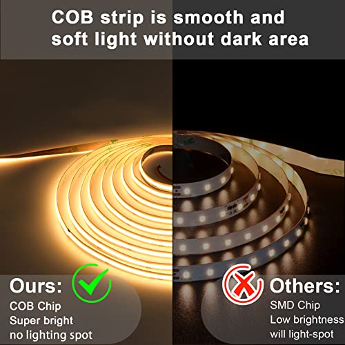 COB LED Strip 5M, Warm White 2700K LED Strip Light DC24V, 480LEDs/M, CRI 90+ Super Bright Uniform Dotless LED Tape Lights for Cabinet Kitchen Home DIY Indoor Lighting Projects (No Power Supply)