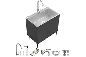 MNUPUOL 19.6-29.5In Laundry Sink Cabinet with Stainless Steel Sinks,with Cabinet, Free Standing Utility Sink,with Hot and Col