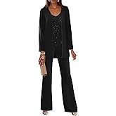 3 Piece Mother of The Bride Pantsuits for Wedding Chiffon Beaded Formal Evening Gown with Jacket Outfit DP022