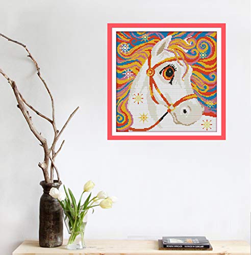 Cross Stitch Stamped Kits Quilt Pre-Printed Cross-Stitching Patterns for Beginner Kids Adults, Embroidery Crafts Needlepoint Starter Kits Rainbow Horse