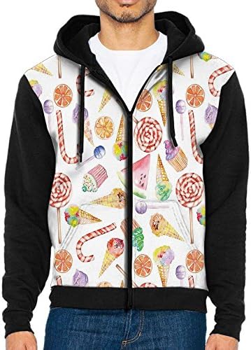 Joapron Ice Cream Candy Cakes Lollipop Clementine Fruits Men's Zipper Splicing Overcoat Belt Hat and Pocket XL