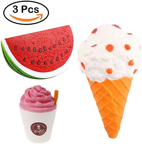 3pcs Jumbo Slow Rising Squishies: Cotton Candy Ice Cream Cone, Coffee Cup with Straw, Watermelon piece - Stress Relief Scented Toys for Kids and Adults
