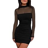 Yousify Womens Ruched Mesh Sheer Mini Dress Bodycon Sexy Mock Neck Long Sleeve Going Out Party Club Dresses