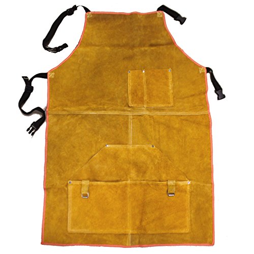 Leather Welding Apron Flame-Resistant Heat Resistant Work Apron Fire Resistant Welding/Welder Smock, 24 x 36 Inch, 6 Pockets