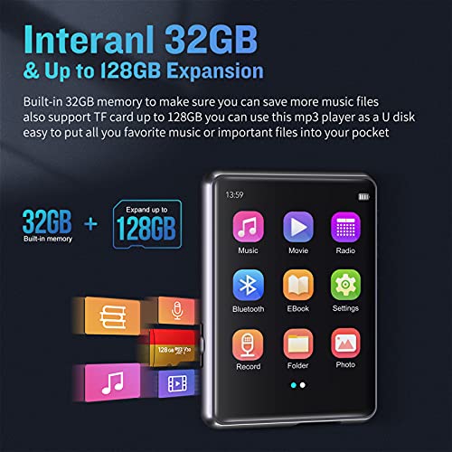 MP3 Player Bluetooth 5.3, Full Touch Screen HiFi Lossless MP3 Music Player, Line-in Speaker, with line Recorder, FM Radio, Support up to 128 GB (Black)