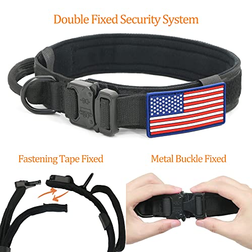 YouthBro Tactical Dog Collar with Two US Flag Patch, K9 Military Dog Collar with 1 Airtag case, Nylon Collar with Heavy Duty Metal Buckle for Medium Large Dogs Black, L