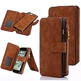 iPhone 7 Plus Case, CaseUp 12 Card Slot Series - [Zipper Cash Storage] Premium Flip PU Leather Wallet Case Cover With Detachable Magnetic Hard Case For Apple iPhone 7 Plus (5.5 Inch) - Brown