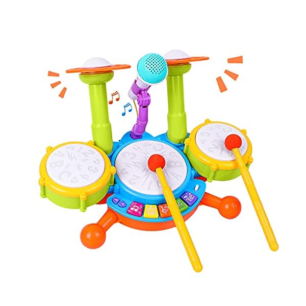Kids Drum Set, Rabing Electric Musical Instruments Toys with 2 Drum Sticks, Beats Flash Light and Adjustable Microphone…