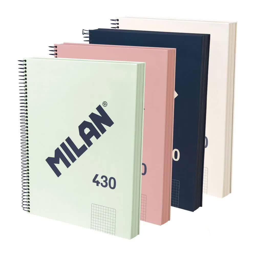MILAN® Pack of 4 A4 Hardcover Notebooks, Squared Paper (5 x 5 mm), 120 Sheets of 95 g/m², Rubber Collection 430