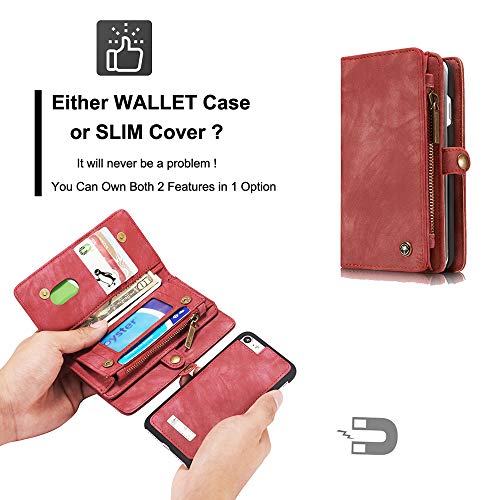 FLY HAWK iPhone 8 PU Leather Wallet Magnetic Phone Case Detachable Protective Case with Card Holder Folio Flip Cover, Red - Thumbnail 6