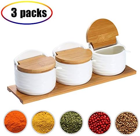 Sugar Bowl, Ceramic Sugar Bowl with Sugar Spoon and Bamboo Lid for Home and Kitchen - Modern Design, White, (3 Packs)
