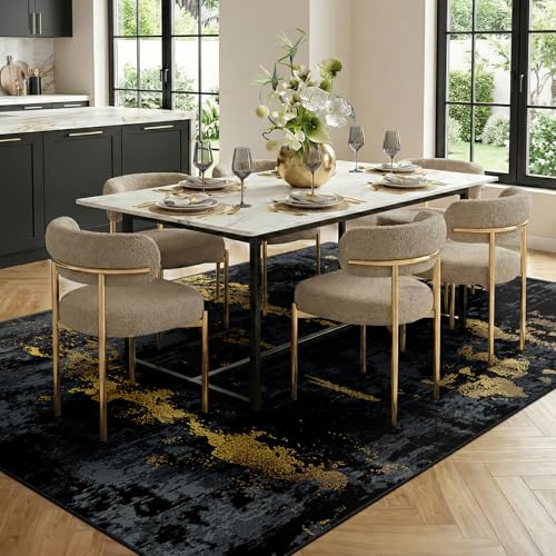 RELEANY Washable Area Rug 8'x10' Non-Slip Indoor Modern Abstract Low Pile Soft Carpet Rugs for Living Room Bedroom Home Entryway, Print Pattern, Dark Black Gold