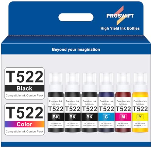 Photo 1 of ***MISSING 3 BOTTLES***PROSWIFT 522 High Capacity (6 Bottles) Ink Refill Bottles Combo Pack Replacement for Epson Compatible 522 Ink Use for EcoTank ET-2800 ET-2803 ET-2400 ET-4800 ET-2720 ET-2840 ET-3850 ET-2850 Printer