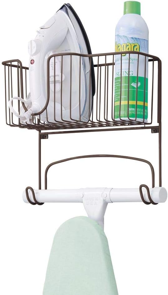 mDesign Metal Wall Mount Ironing Board Holder with Large Storage Basket - Holds Iron, Board, Spray Bottles, Starch, Fabric Refresher for Laundry Rooms - Bronze: Home & Kitchen