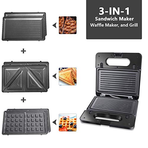 Vsadey Waffle Maker, 3-in-1 Sandwich Maker Waffle Iron and Panini Press Grill with Non-stick Coating, Detachable Plate, LED Operating Indicator, Cool Touch Handle