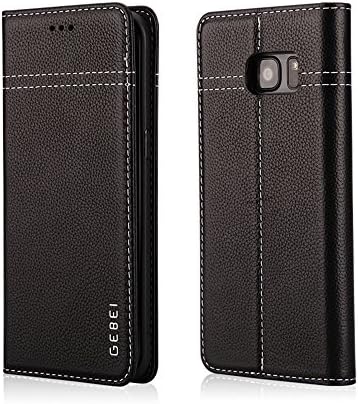Luxury GEBEI Genuine Leather Case Book Wallet Flip Cover Side Open holster with magnetic snap for Samsung Galaxy S7 Edge, Black
