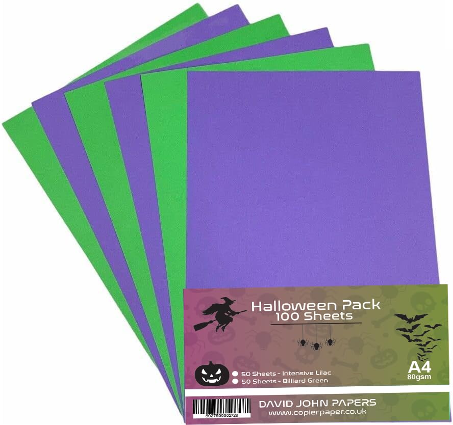 DJP 80 GSM A4 Halloween Coloured Paper - Purple/Green (Pack of 100 Sheets) - 50 Intensive Lilac & 50 Billiard Green