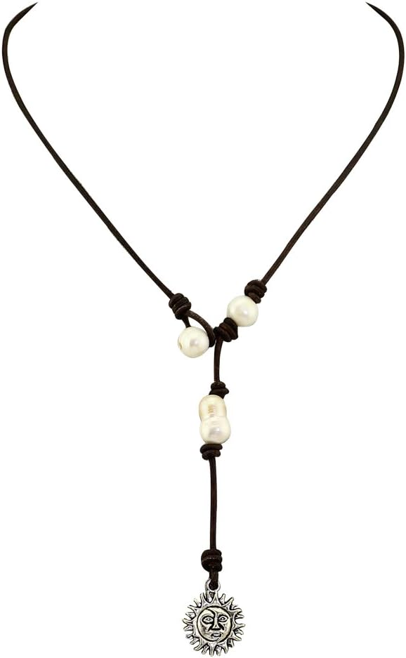 MAIMANI Gourd Pearl Necklace on Brown Leather Cord with Potato Pearl and Alloy Sun Pendant