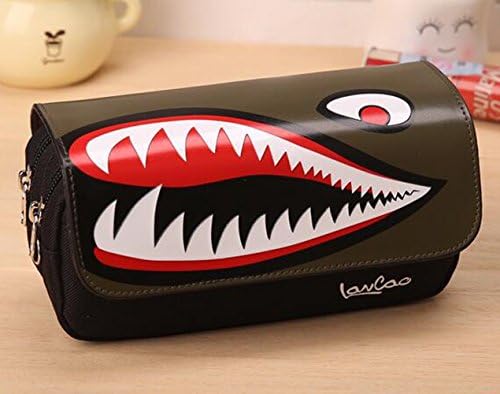 Crystallove Large Capacity Double Decker Leather Pencil Case Pen Bag Pencil Pouch for School Boys (Army Green)